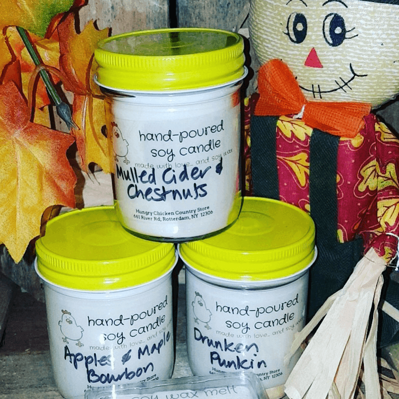 The Hungry Chicken Country Store Hand Poured Soy Candles (Mulled Cider and Chestnuts, Apples & Maple Bourbon, and Drunken Punkin)